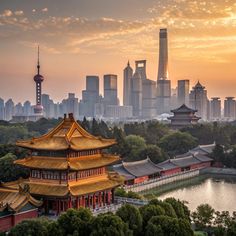 Traditional Chinese palace architecture overlooking Shanghai skyline at sunset