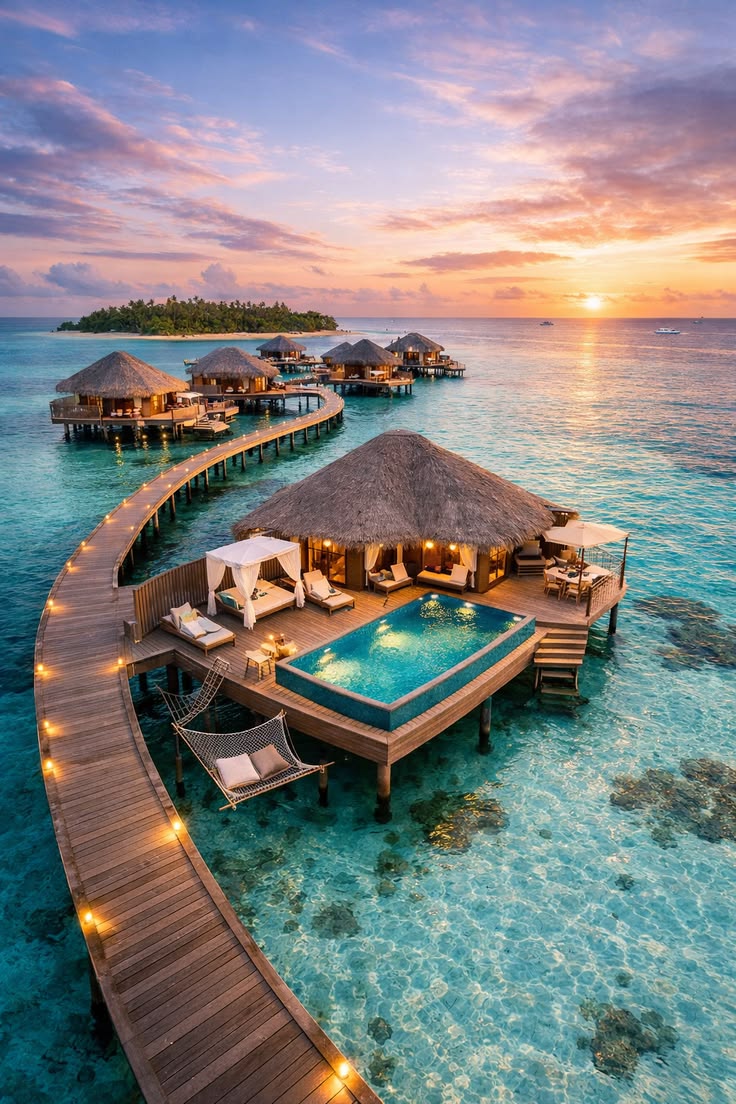 Aerial view of Maldives overwater villas with private pools over turquoise water at sunset